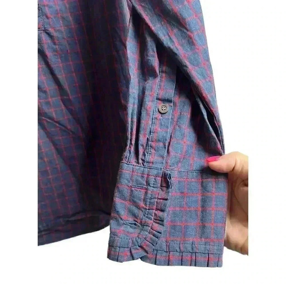 J.Crew Women's Blue Red Mini Windowpane Cotton Ruffle Popover Blouse Size 6 - Picture 4 of 8